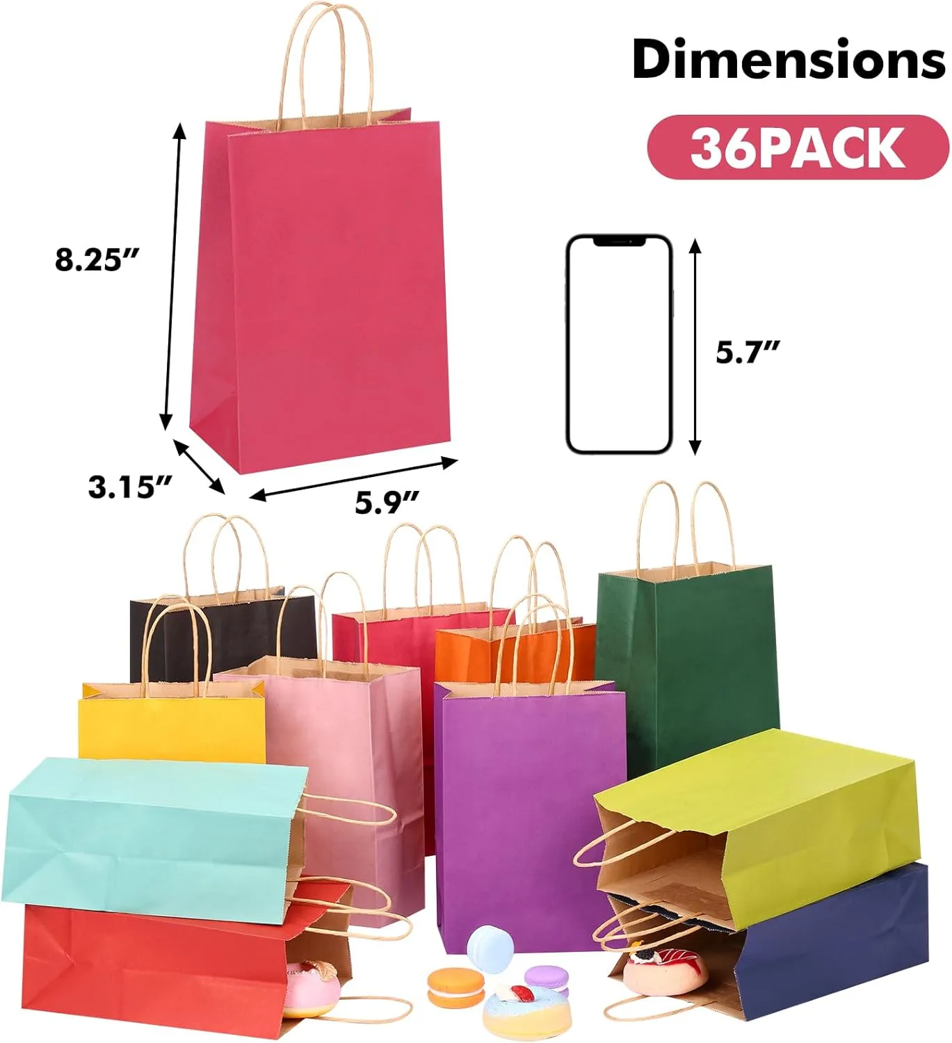OUTUXED 36pcs Paper Gift Bags with Handles, 12 Colors Party Favor Bags, 5.9"x3.1"x8.3" Small Goodie Bags Gift Bags for Birthday Party and Party Supplies