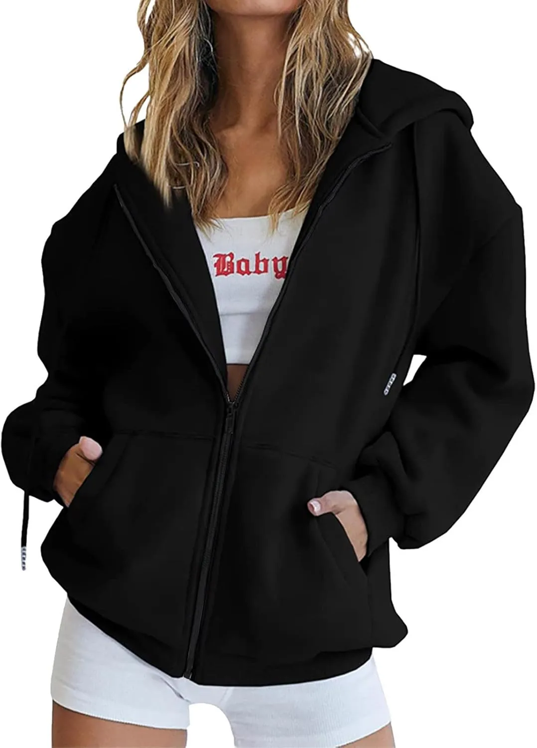 Oversized Zip Up Hoodies for Women Casual Drawstring Teen Girl Y2K Sweatshirts Long Sleeve Fall Jackets With Pockets