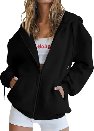 Oversized Zip Up Hoodies for Women Casual Drawstring Teen Girl Y2K Sweatshirts Long Sleeve Fall Jackets With Pockets