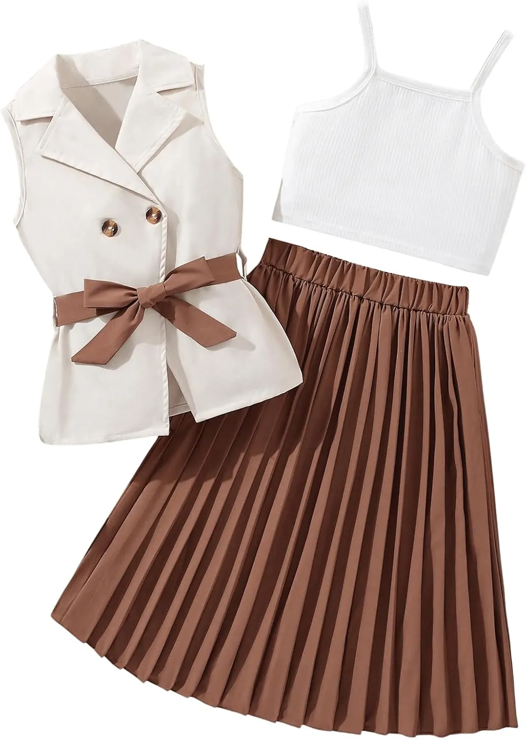 OYOANGLE Girl's 3 Piece Outfit Crop Cami Top and Pleated Midi Skirt with Blazer Vest