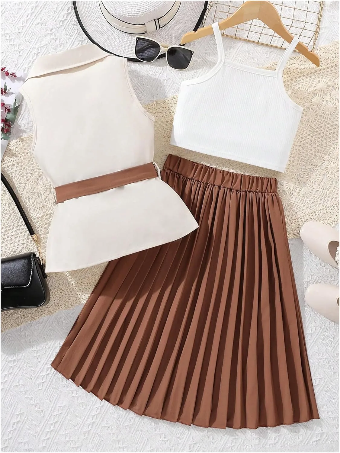 OYOANGLE Girl's 3 Piece Outfit Crop Cami Top and Pleated Midi Skirt with Blazer Vest
