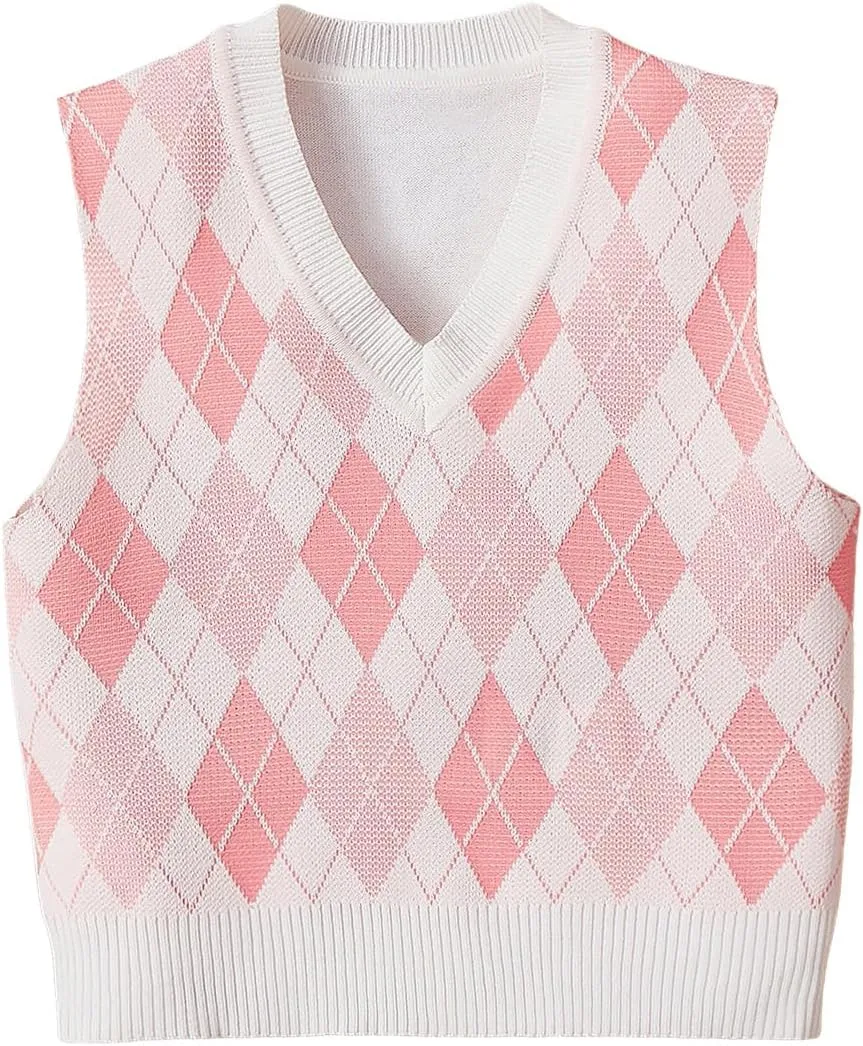 OYOANGLE Girl's Argyle Plaid V Neck Sweater Vest Sleeveless Preppy Casual Pullover Knitted Tank Tops