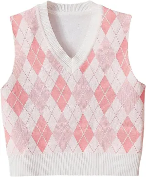 OYOANGLE Girl's Argyle Plaid V Neck Sweater Vest Sleeveless Preppy Casual Pullover Knitted Tank Tops