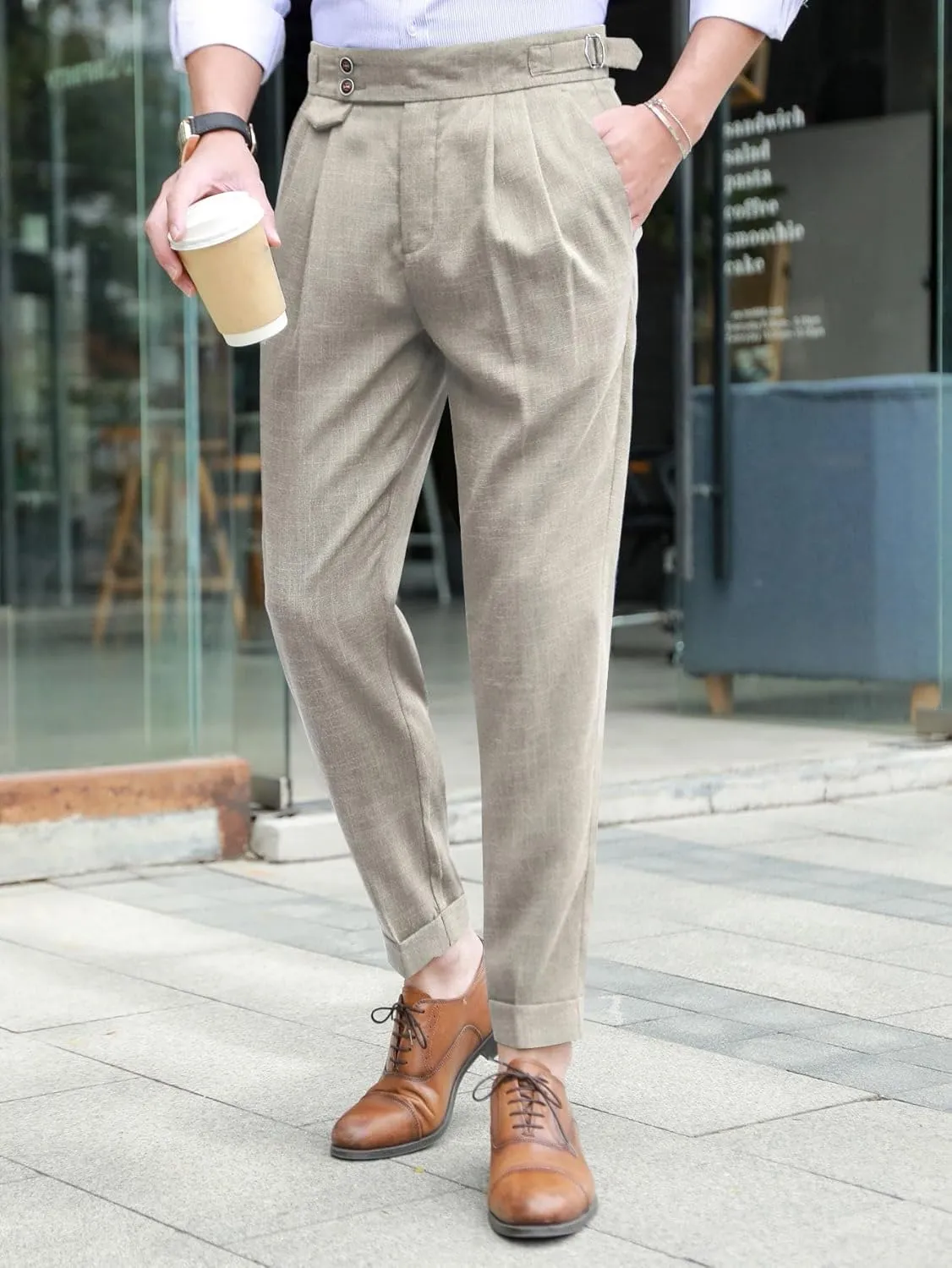 OYOANGLE Men's Buckled Detail Zipper Fly Botton Front Business Suit Pants Work Office Trousers Whit Pockets