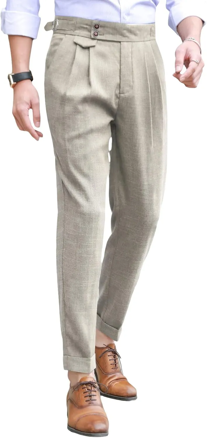 OYOANGLE Men's Buckled Detail Zipper Fly Botton Front Business Suit Pants Work Office Trousers Whit Pockets