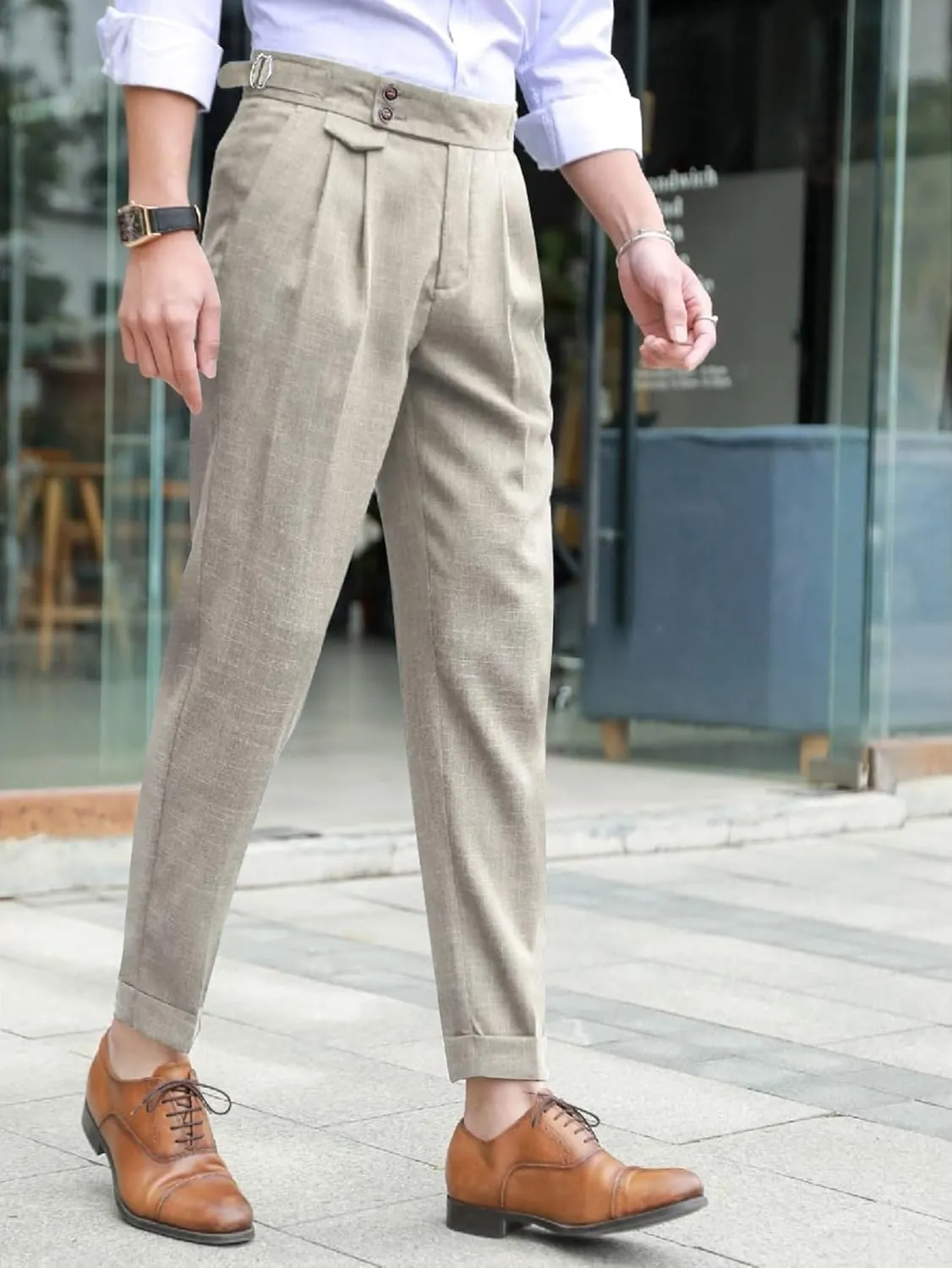 OYOANGLE Men's Buckled Detail Zipper Fly Botton Front Business Suit Pants Work Office Trousers Whit Pockets