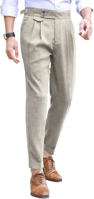 OYOANGLE Men's Buckled Detail Zipper Fly Botton Front Business Suit Pants Work Office Trousers Whit Pockets