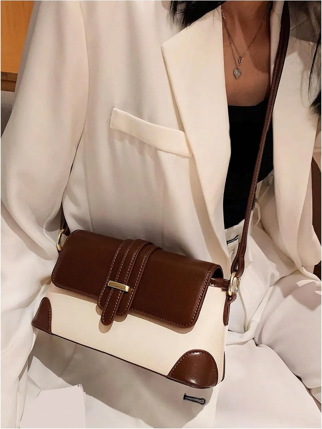 OYOANGLE Women's Color Block Shoulder Bag Small Flap Purse Handbags Top Handle Underarm Bags Satchel Bags