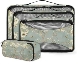 Packing Cubes 4 Pack Spring Flower Floral Bird Parrot Travel Packing Bags Individual Carry on Suitcases Underwear Luggage Mesh Organizer Packing Cubes Set for Travel Bag Backpack