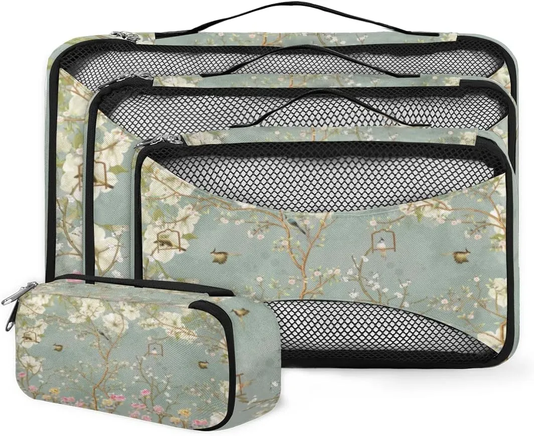 Packing Cubes 4 Pack Spring Flower Floral Bird Parrot Travel Packing Bags Individual Carry on Suitcases Underwear Luggage Mesh Organizer Packing Cubes Set for Travel Bag Backpack