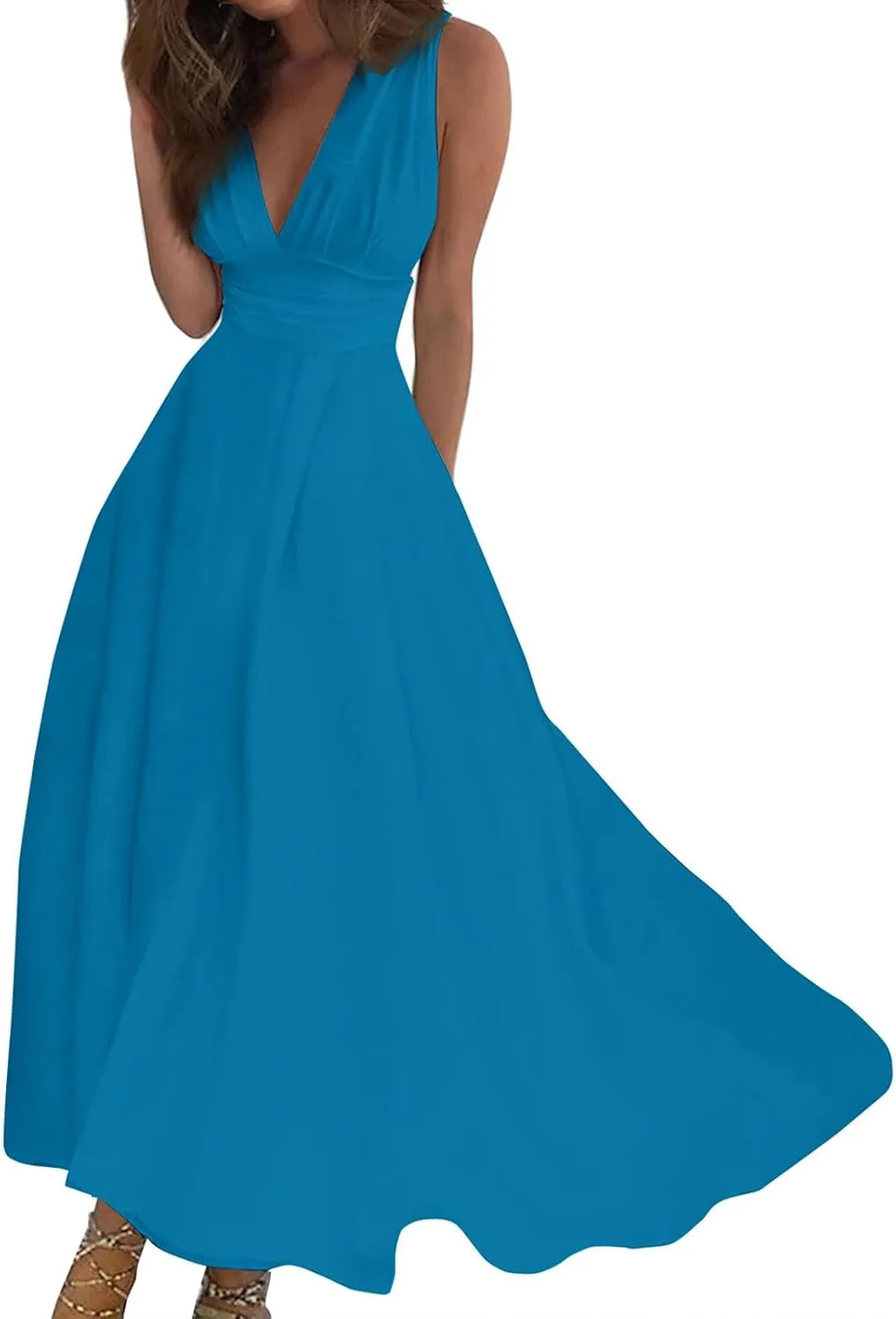 Palaver Summer Dresses for Women 2025 Elegant Wrap V Neck Sleeveless Maxi Dress Print Flowy Beach Vacation Sundresses