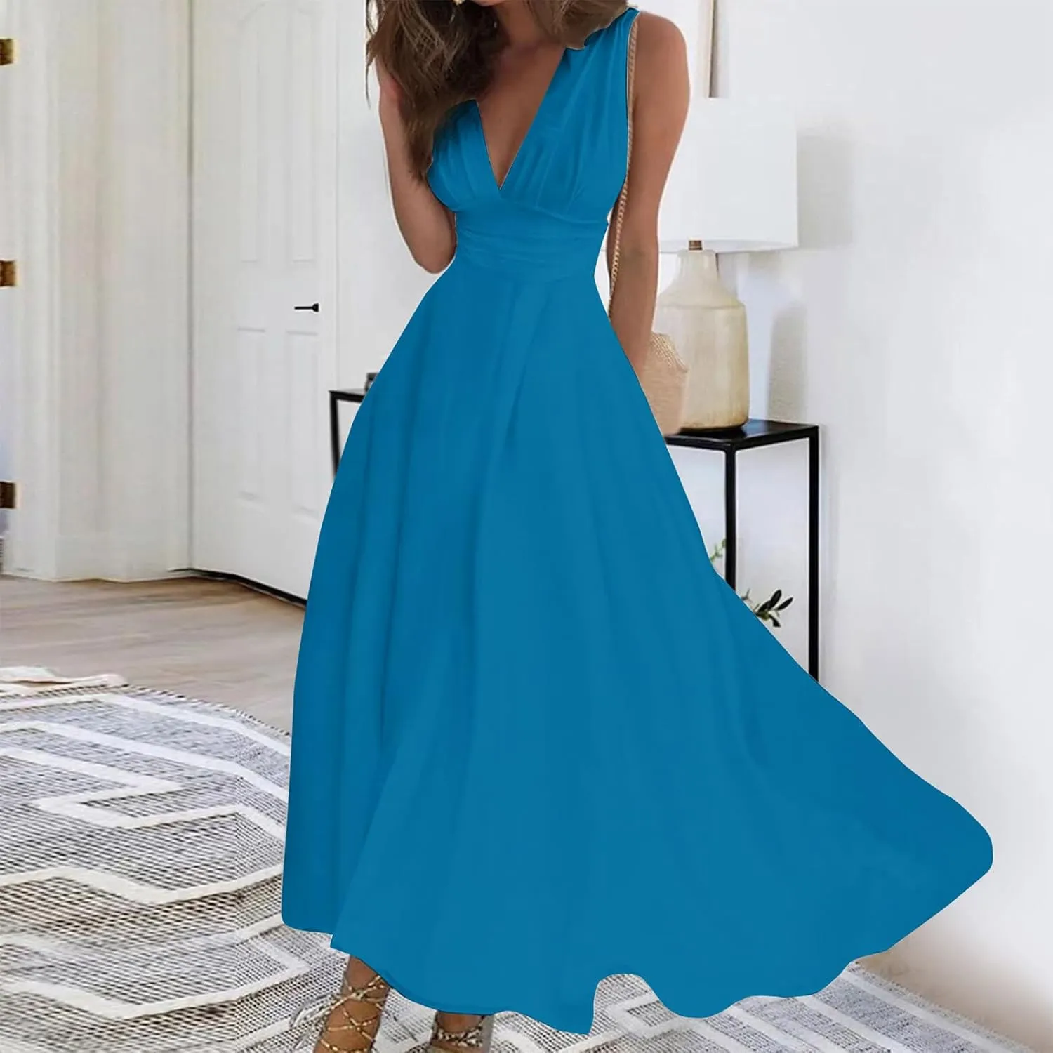 Palaver Summer Dresses for Women 2025 Elegant Wrap V Neck Sleeveless Maxi Dress Print Flowy Beach Vacation Sundresses