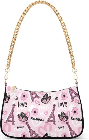 Paris with Eiffel Tower and Butterflies Shoulder Handbags for Women Travel Hobo Tote Handbag Women Gold Chain Shoulder Bags Purse with Zipper Closure