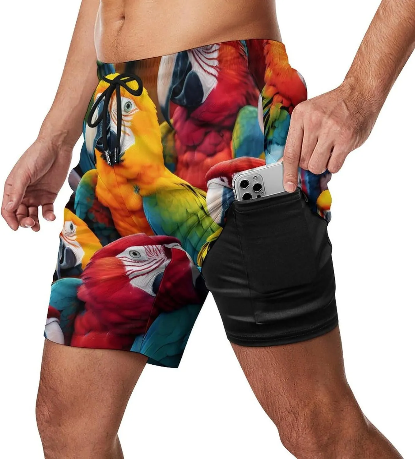 Parrots Birds Men's Swim Trunks with Compression Liner Beach Swimming Shorts with Drawstring and Pockets