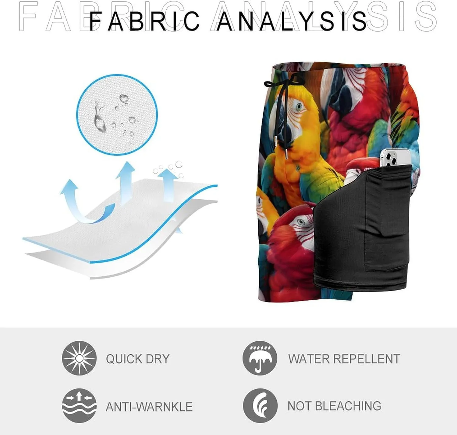 Parrots Birds Men's Swim Trunks with Compression Liner Beach Swimming Shorts with Drawstring and Pockets