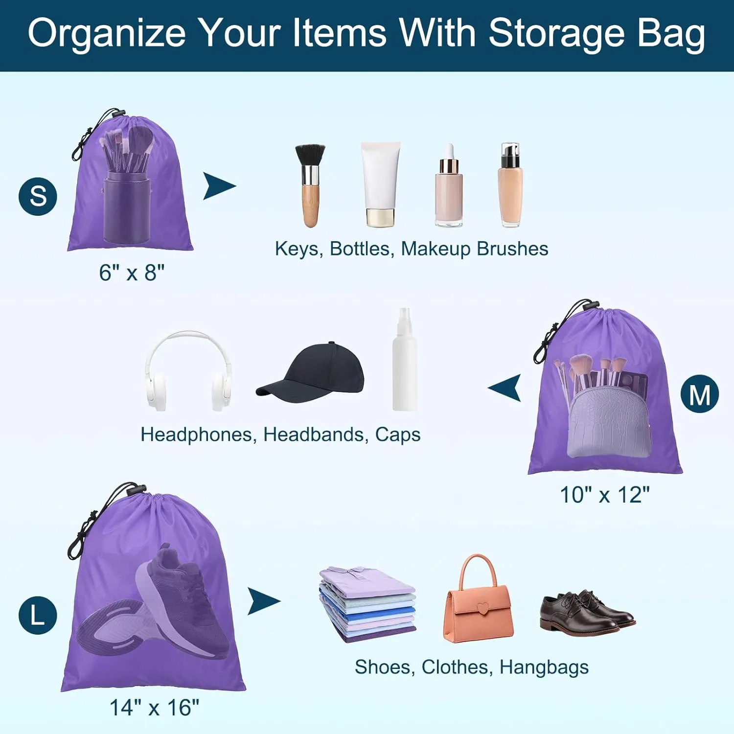 PATIKIL Travel Storage Bags with Toggle 14 x 16 Inch, 6 Pack Waterproof 210D Polyester Drawstring Bag Stuff Sack Cinch Bag for Gym Traveling Hiking Yoga Shoes Organizer, Light Purple