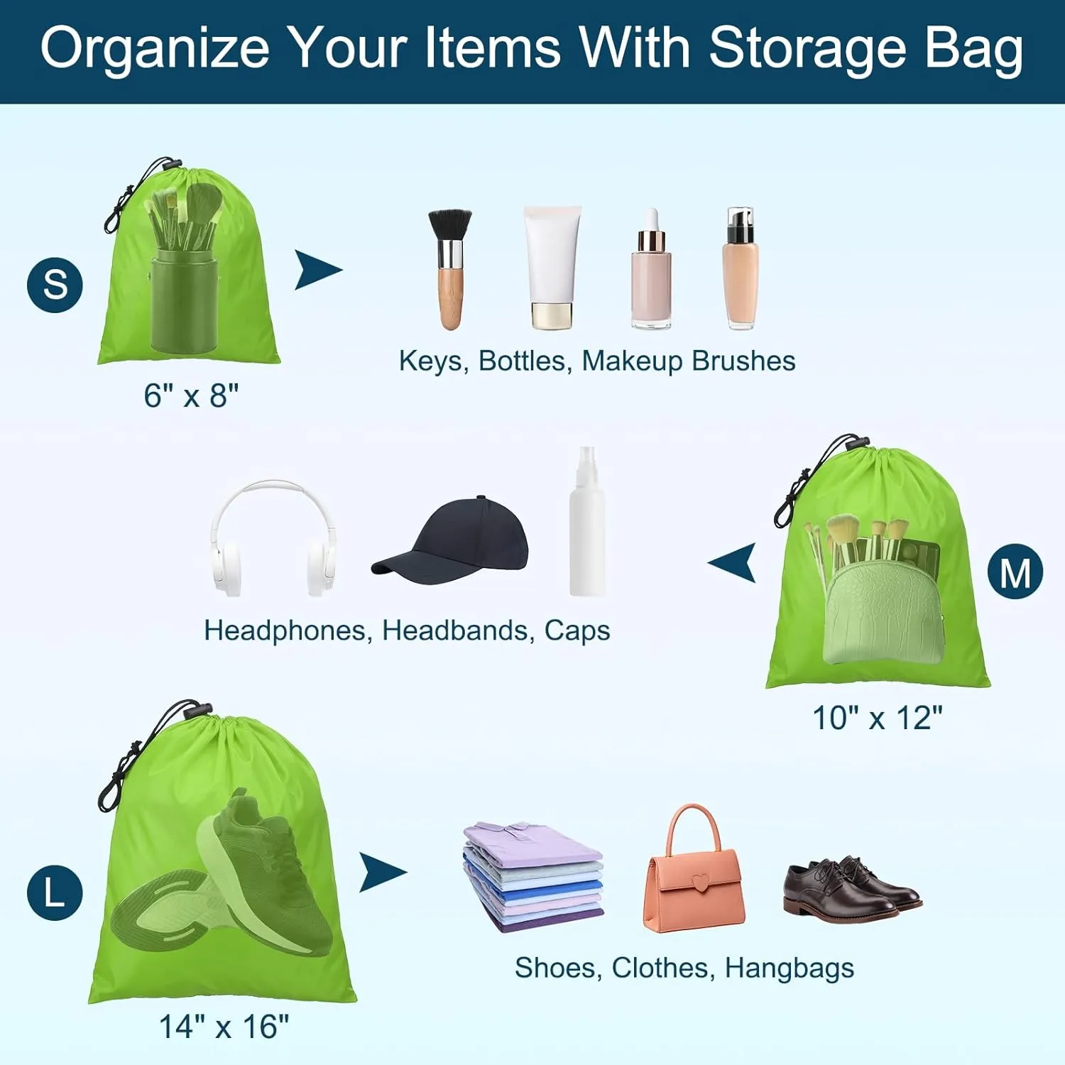 PATIKIL Travel Storage Bags with Toggle 6 x 8 Inch, 6 Pack Waterproof 210D Polyester Drawstring Bag Stuff Sack Cinch Bag for Gym Traveling Hiking Yoga Shoes Organizer, Light Green