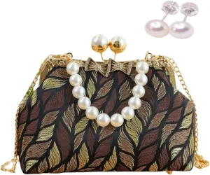Pearl Evening Chain Shoulder Bag for Women Leaf Feathers Pattern Wedding Guest Chinese Pearl Purses Cross Body Purse