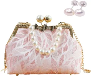 Pearl Evening Chain Shoulder Bag for Women Leaf Feathers Pattern Wedding Guest Chinese Pearl Purses Cross Body Purse