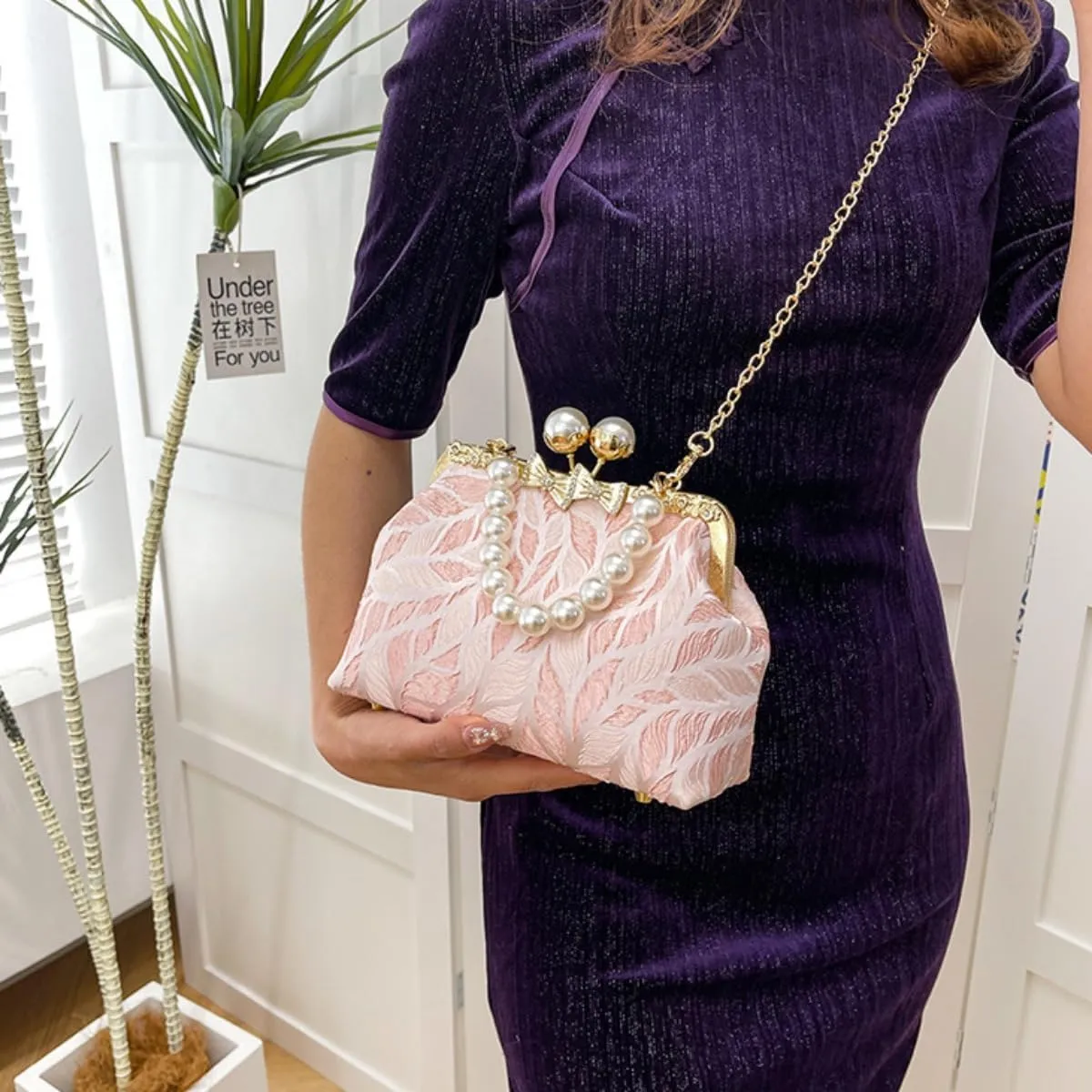 Pearl Evening Chain Shoulder Bag for Women Leaf Feathers Pattern Wedding Guest Chinese Pearl Purses Cross Body Purse