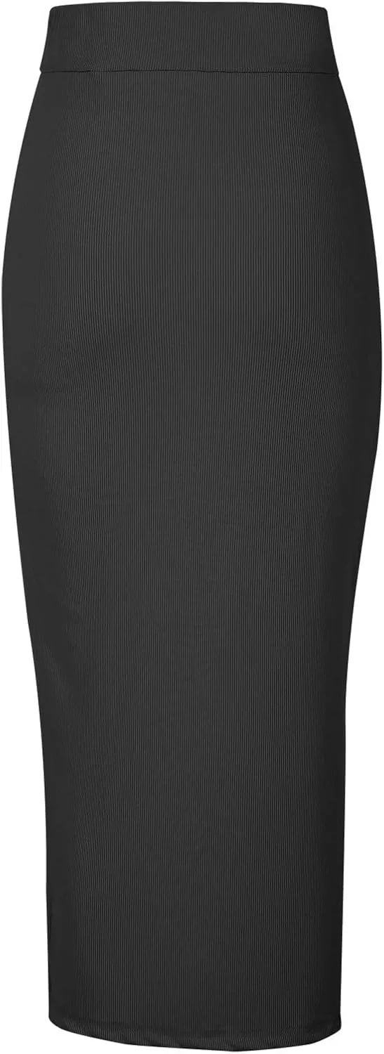 Pencil Skirt for Women Rib Knit Midi Skirt with Split High Waisted Bodycon Skirt Stretch Long Skirt Business Skirts