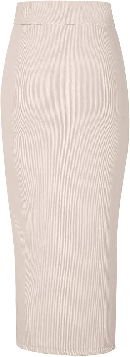 Pencil Skirt for Women Rib Knit Midi Skirt with Split High Waisted Bodycon Skirt Stretch Long Skirt Business Skirts