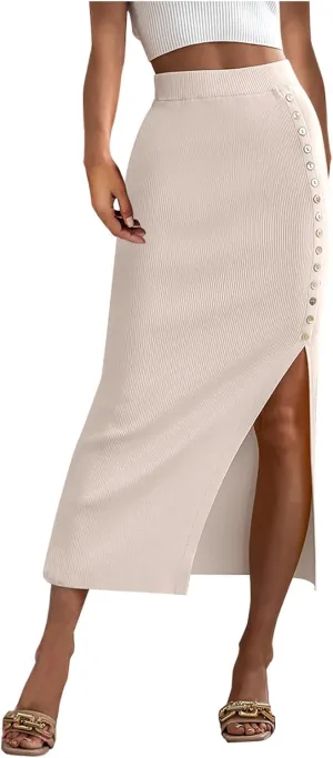 Pencil Skirt for Women Rib Knit Midi Skirt with Split High Waisted Bodycon Skirt Stretch Long Skirt Business Skirts
