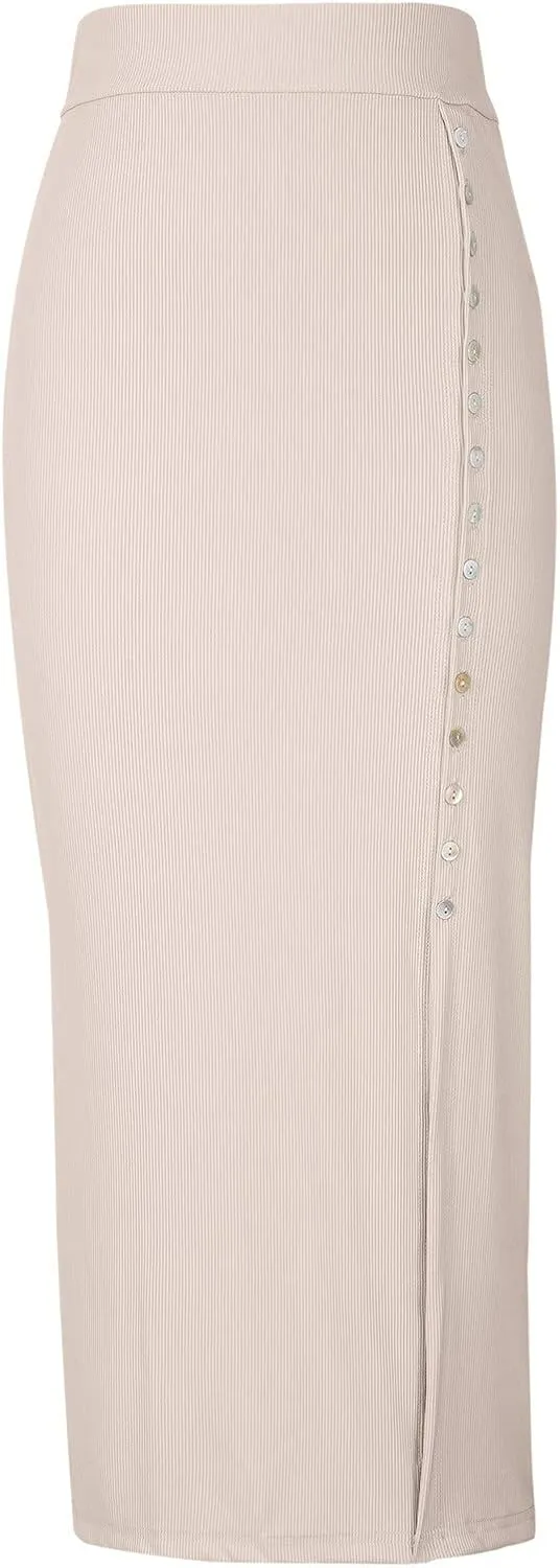 Pencil Skirt for Women Rib Knit Midi Skirt with Split High Waisted Bodycon Skirt Stretch Long Skirt Business Skirts