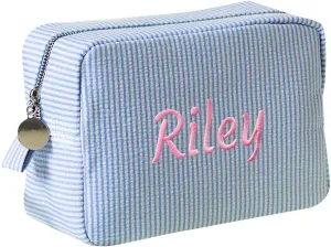 Personalized Custom Embroidered Name Dark Blue Makeup Bags, Travel Toiletry bag, Seersucker Cosmetic Bag for Women Gifts