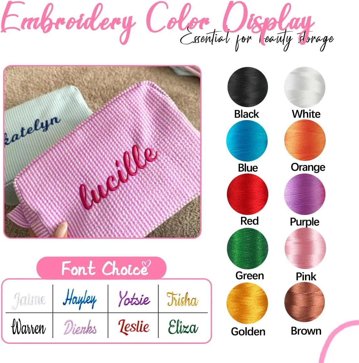 Personalized Custom Embroidered Name Dark Grey Makeup Bags, Travel Toiletry bag, Seersucker Cosmetic Bag for Women Gifts