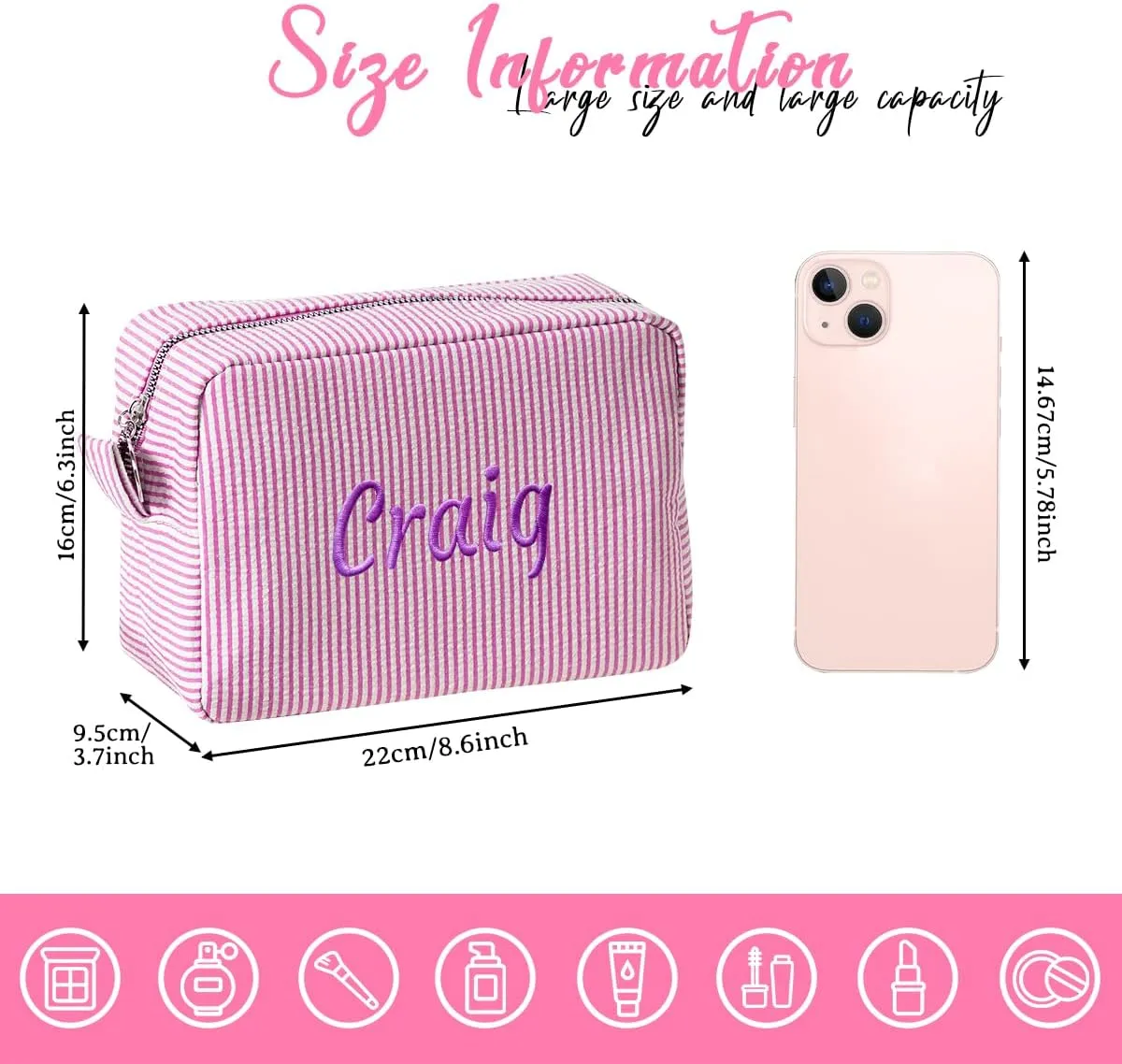 Personalized Custom Embroidered Name Dark Grey Makeup Bags, Travel Toiletry bag, Seersucker Cosmetic Bag for Women Gifts