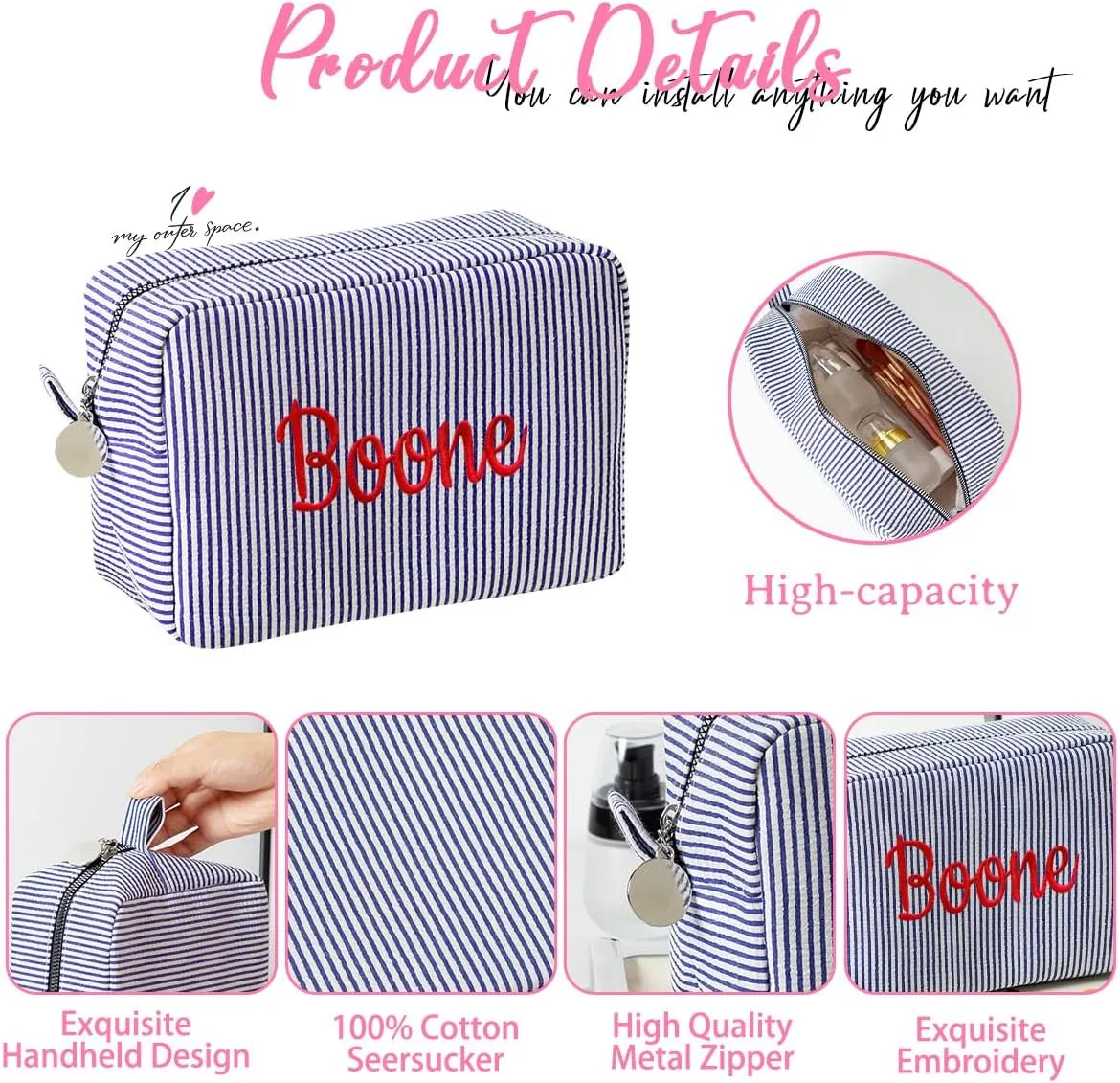 Personalized Custom Embroidered Name Dark Grey Makeup Bags, Travel Toiletry bag, Seersucker Cosmetic Bag for Women Gifts