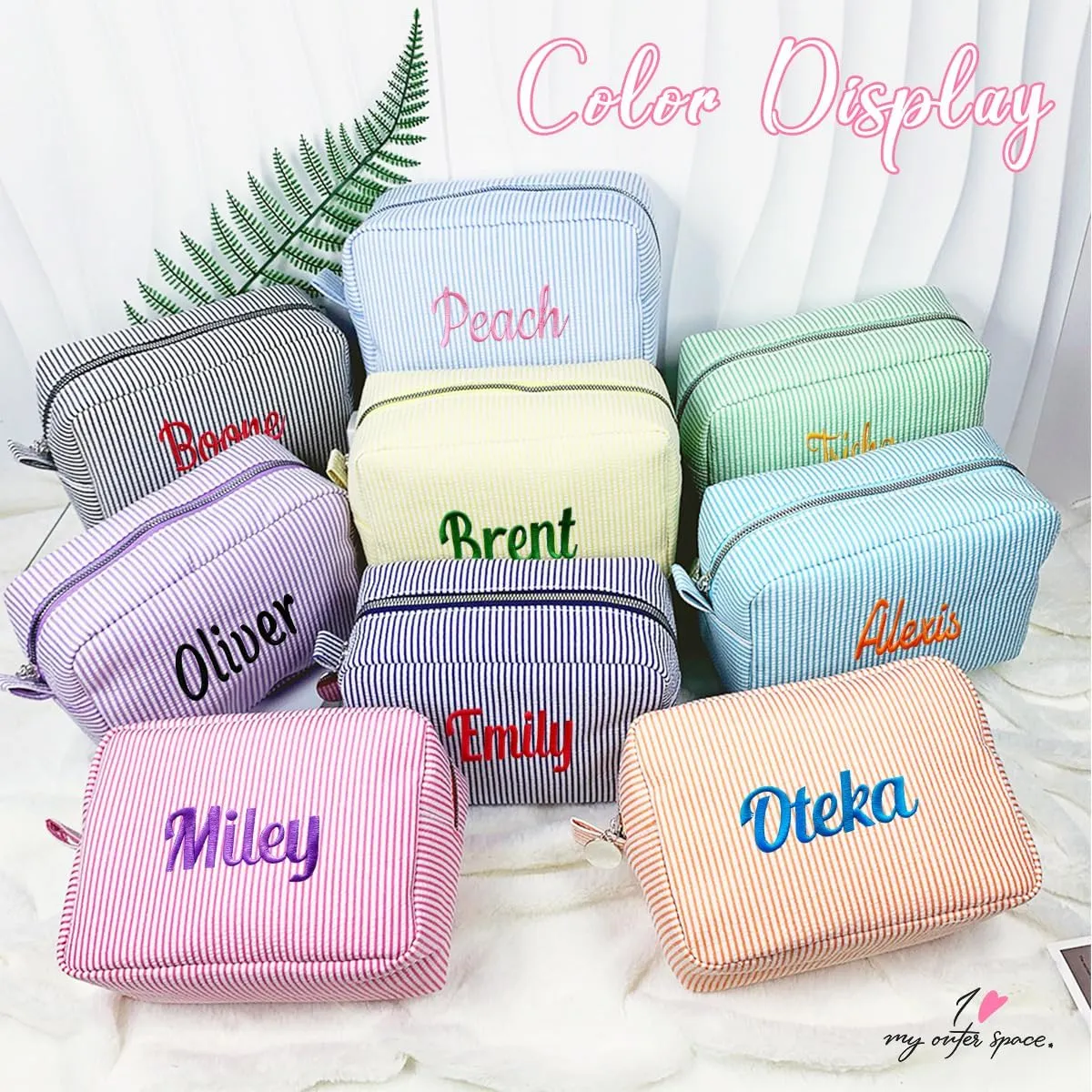 Personalized Custom Embroidered Name Dark Grey Makeup Bags, Travel Toiletry bag, Seersucker Cosmetic Bag for Women Gifts