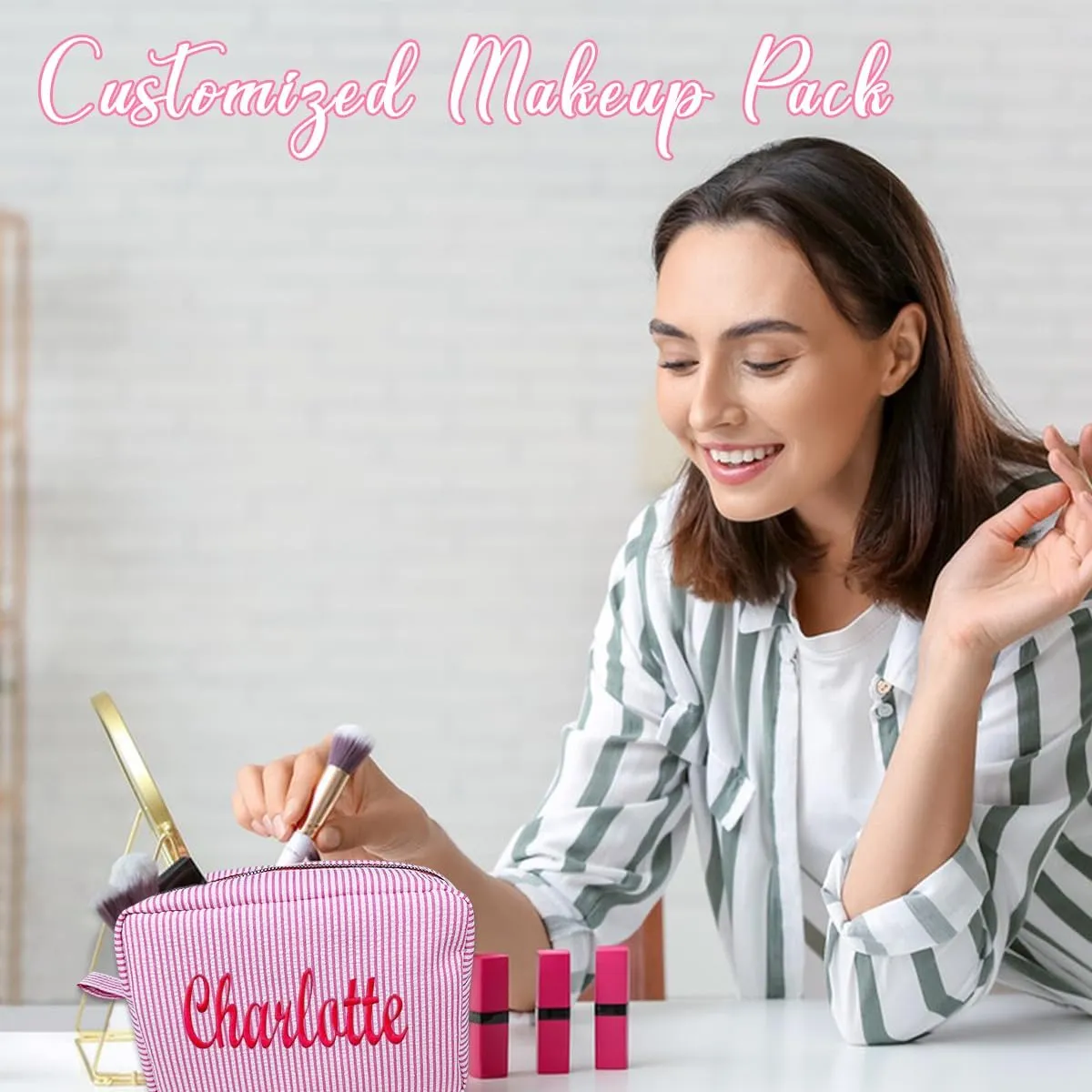 Personalized Custom Embroidered Name Dark Grey Makeup Bags, Travel Toiletry bag, Seersucker Cosmetic Bag for Women Gifts