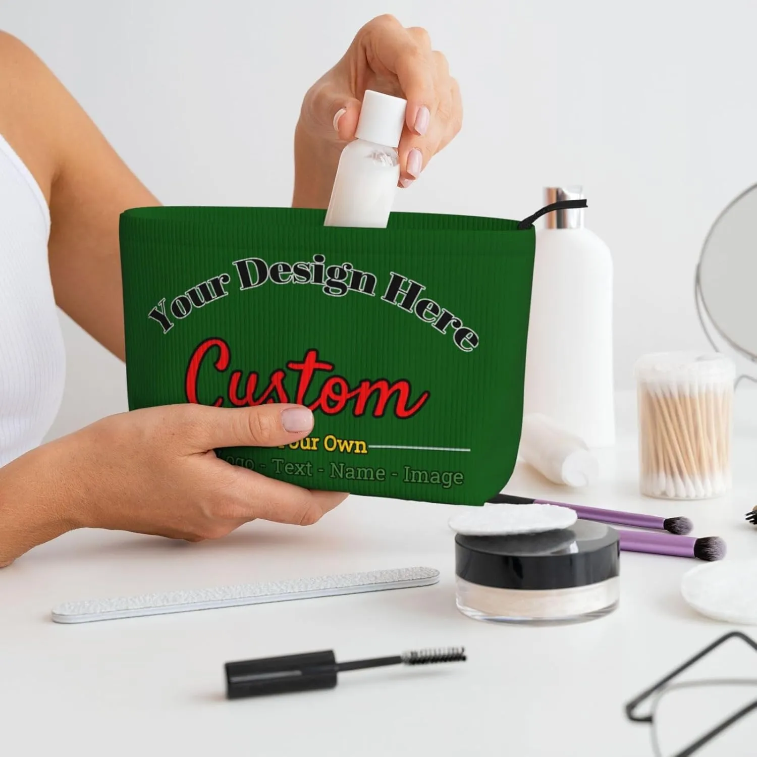 Personalized Custom Makeup Bag Add Your Own Photo Text Name Logo Image Cosmetic Bags Dark Green Customized Gift Women