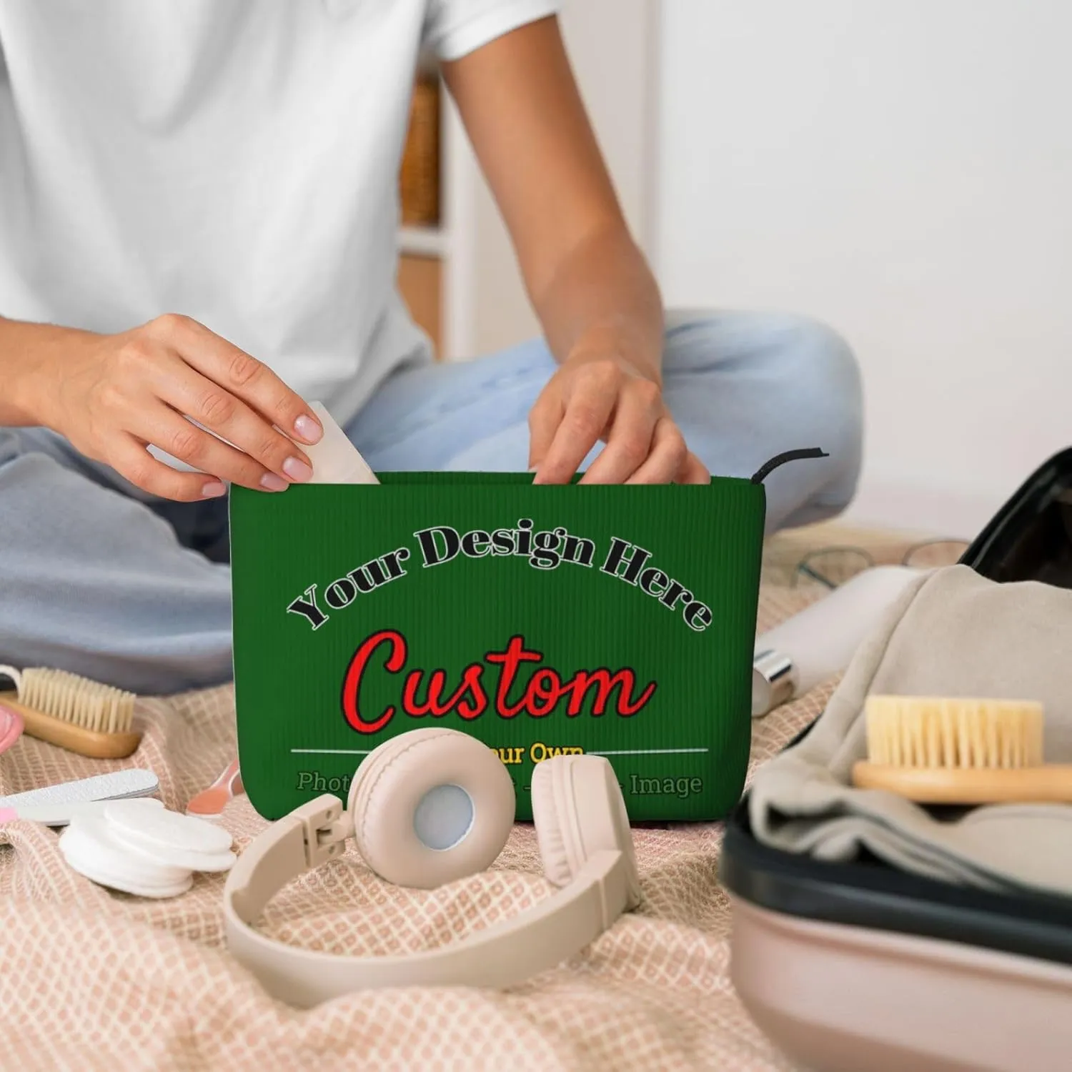 Personalized Custom Makeup Bag Add Your Own Photo Text Name Logo Image Cosmetic Bags Dark Green Customized Gift Women