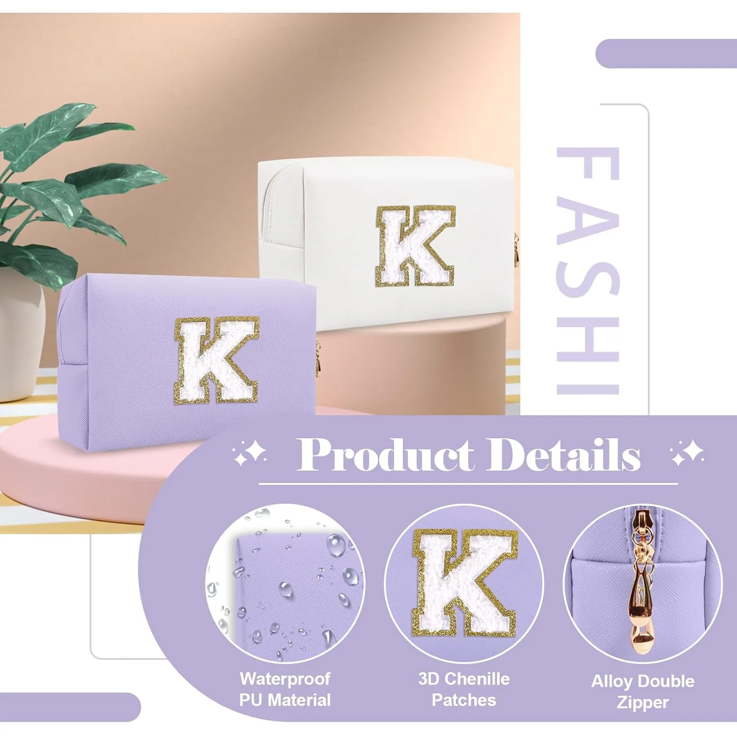 Personalized Makeup Bag Initial A-Z Preppy Patch Bag,Small PU Leather Travel Cosmetic Bag Pouch with Zipper,Purple Cute Toiletry Bag,Gift Ideal for Teen Girls Women Birthday Friend Mom,Latter K