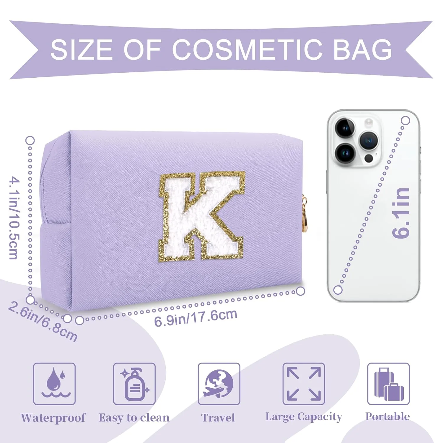 Personalized Makeup Bag Initial A-Z Preppy Patch Bag,Small PU Leather Travel Cosmetic Bag Pouch with Zipper,Purple Cute Toiletry Bag,Gift Ideal for Teen Girls Women Birthday Friend Mom,Latter K