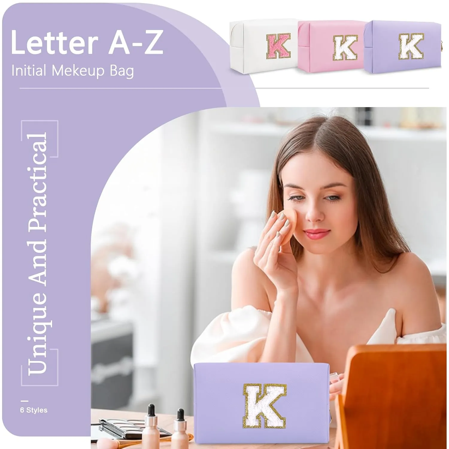 Personalized Makeup Bag Initial A-Z Preppy Patch Bag,Small PU Leather Travel Cosmetic Bag Pouch with Zipper,Purple Cute Toiletry Bag,Gift Ideal for Teen Girls Women Birthday Friend Mom,Latter K