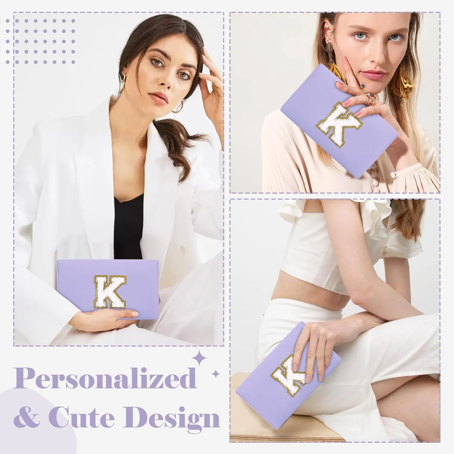 Personalized Makeup Bag Initial A-Z Preppy Patch Bag,Small PU Leather Travel Cosmetic Bag Pouch with Zipper,Purple Cute Toiletry Bag,Gift Ideal for Teen Girls Women Birthday Friend Mom,Latter K