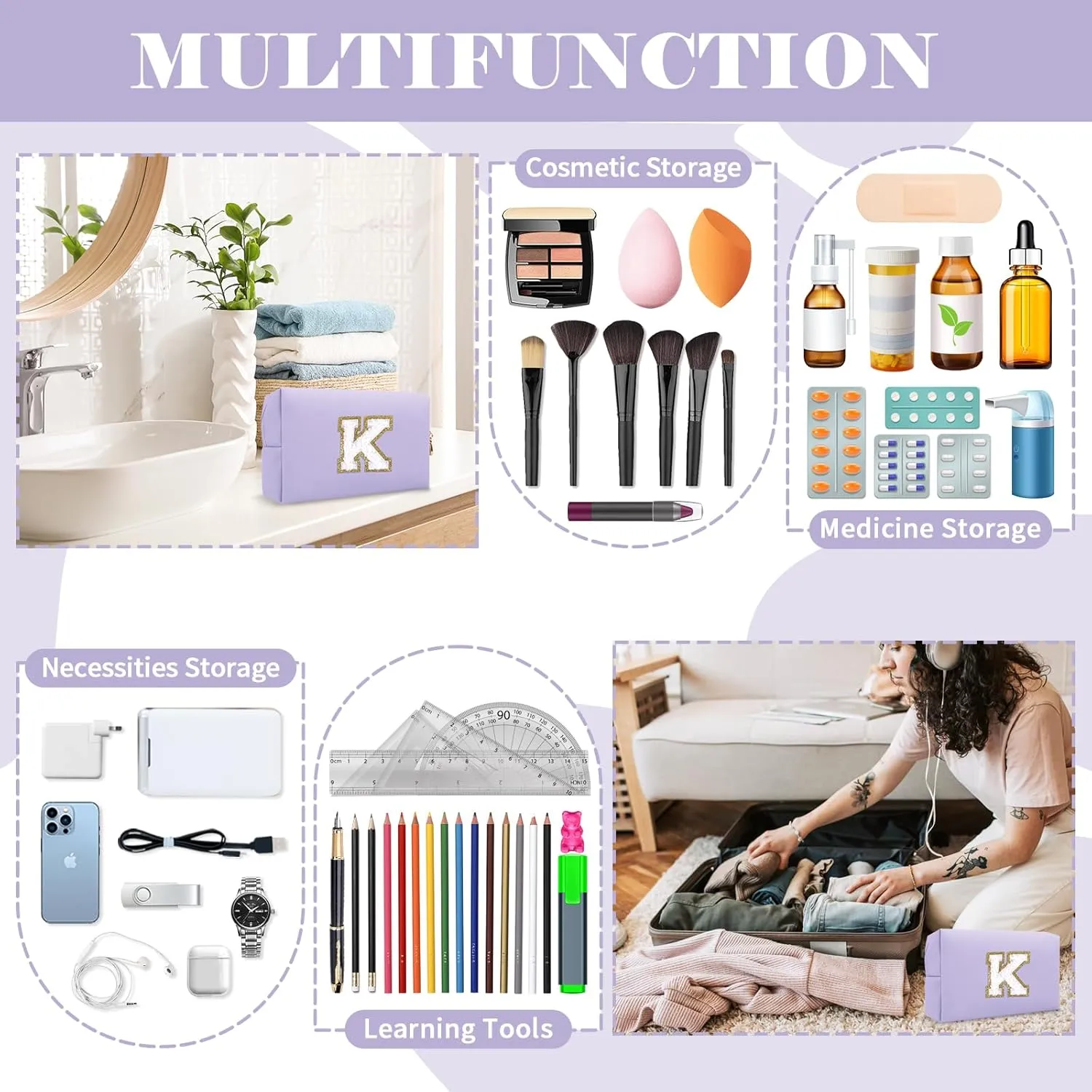 Personalized Makeup Bag Initial A-Z Preppy Patch Bag,Small PU Leather Travel Cosmetic Bag Pouch with Zipper,Purple Cute Toiletry Bag,Gift Ideal for Teen Girls Women Birthday Friend Mom,Latter K