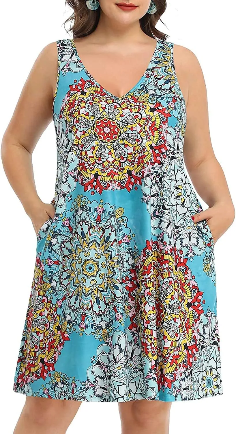 Pinup Fashion Plus Size Women Tank Dresses Sleeveless Criss Cross Back Cover Up T-Shirt Sun Dress with Pockets