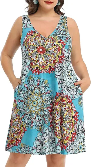 Pinup Fashion Plus Size Women Tank Dresses Sleeveless Criss Cross Back Cover Up T-Shirt Sun Dress with Pockets