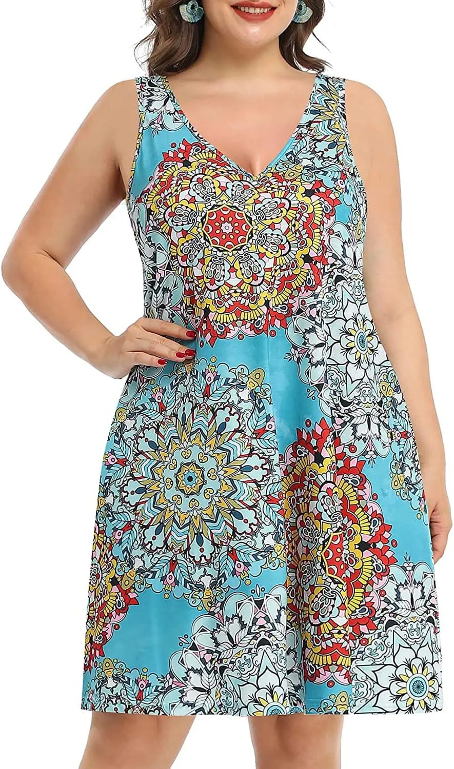 Pinup Fashion Plus Size Women Tank Dresses Sleeveless Criss Cross Back Cover Up T-Shirt Sun Dress with Pockets