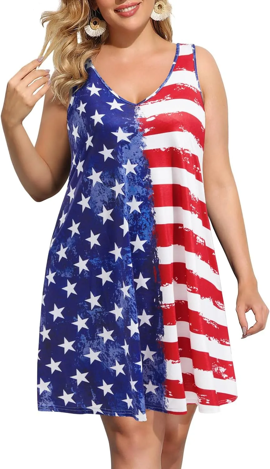 Pinup Fashion Plus Size Women Tank Dresses Sleeveless Criss Cross Back Cover Up T-Shirt Sun Dress with Pockets