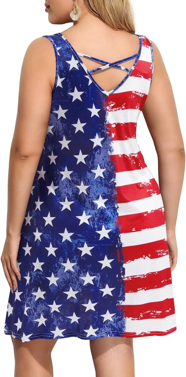 Pinup Fashion Plus Size Women Tank Dresses Sleeveless Criss Cross Back Cover Up T-Shirt Sun Dress with Pockets
