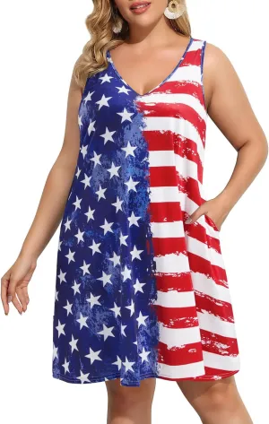 Pinup Fashion Plus Size Women Tank Dresses Sleeveless Criss Cross Back Cover Up T-Shirt Sun Dress with Pockets