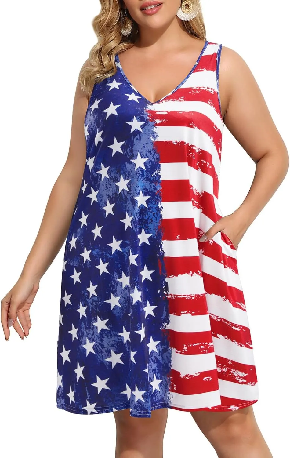 Pinup Fashion Plus Size Women Tank Dresses Sleeveless Criss Cross Back Cover Up T-Shirt Sun Dress with Pockets