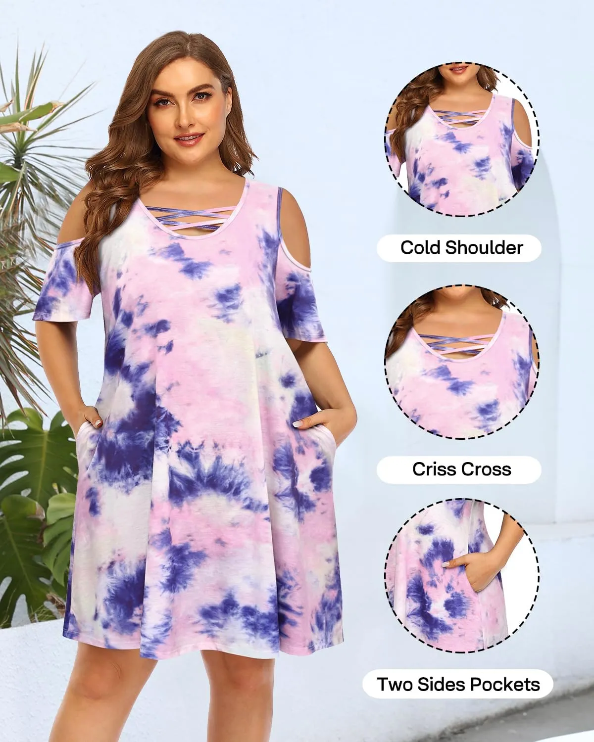 Pinup Fashion Women's Plus Size Sun Dress Cold Shoulder Casual T-Shirt Knee Length Sundresses with Pockets