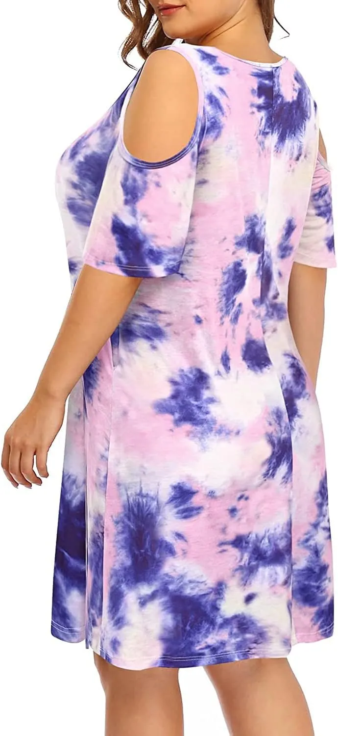 Pinup Fashion Women's Plus Size Sun Dress Cold Shoulder Casual T-Shirt Knee Length Sundresses with Pockets